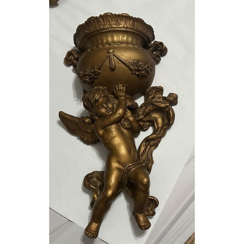 Cherub Angel Wall Pocket Planter Gold Hollywood Regency Universal Statuary 70's